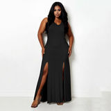 Plunge Neck Thigh Split Maxi Dress - Plus