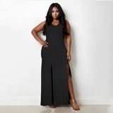 Plunge Neck Thigh Split Maxi Dress - Plus