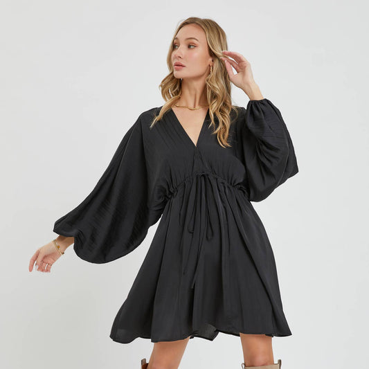 Satin V Neck Pleated Dress
