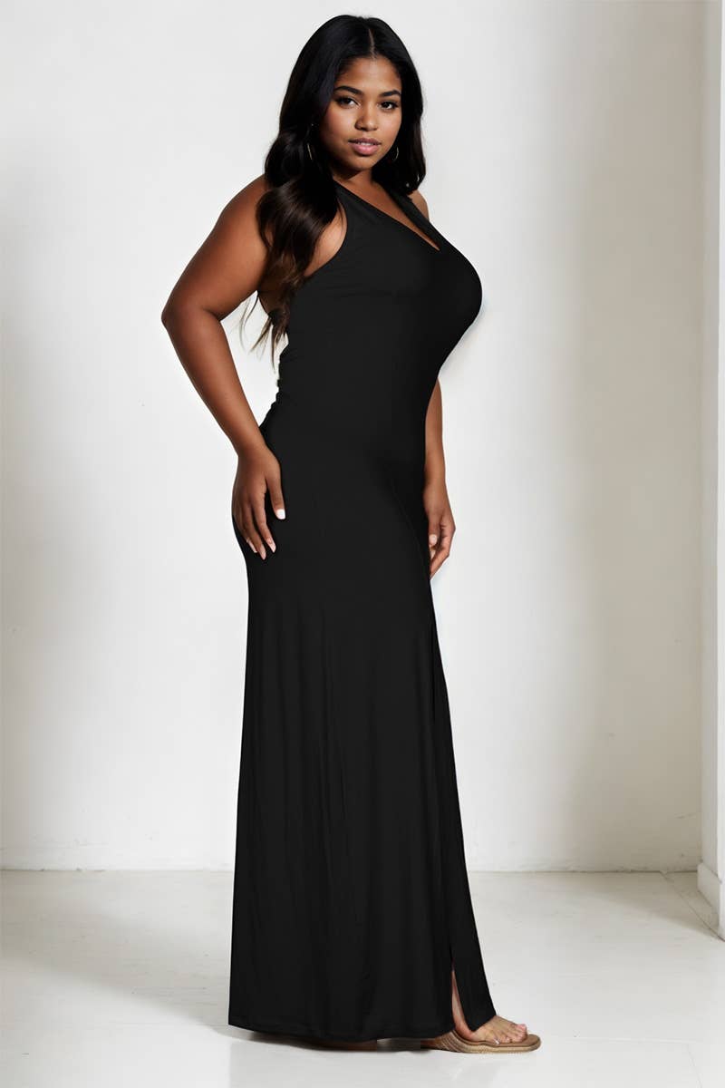 Plunge Neck Thigh Split Maxi Dress - Plus