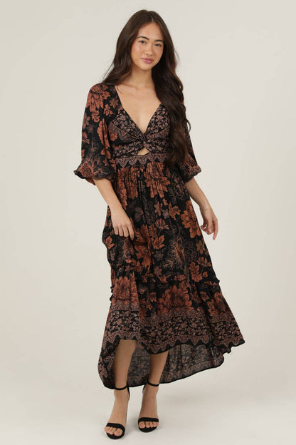 Autumn Flowers Side Slit Maxi Dress
