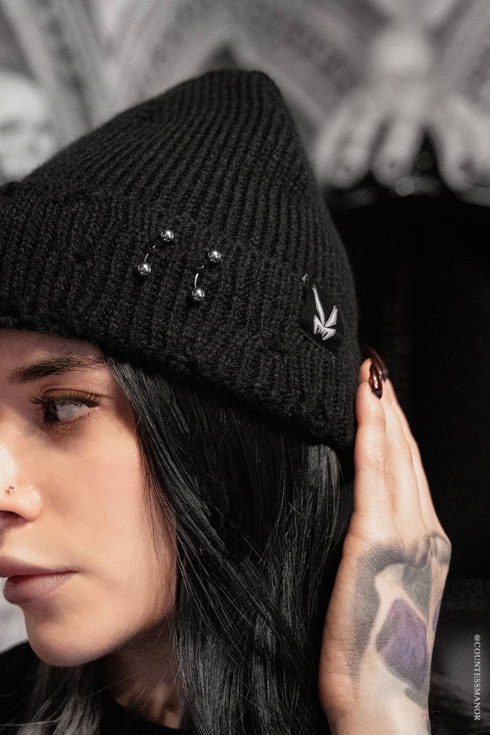 Distressed Black Bat Pierced Beanie