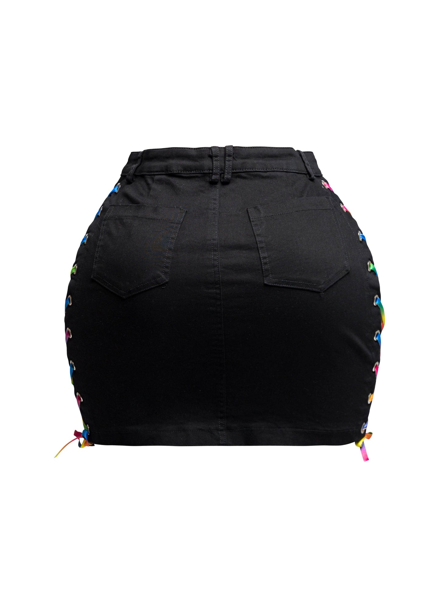 Distressed Denim Skirt With Rainbow Lace Up