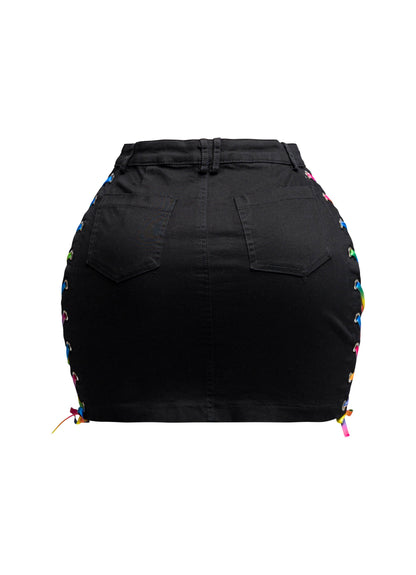Distressed Denim Skirt With Rainbow Lace Up