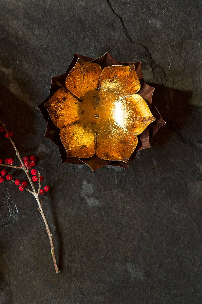 Gold Leafed Metal Lotus Candle Bowl