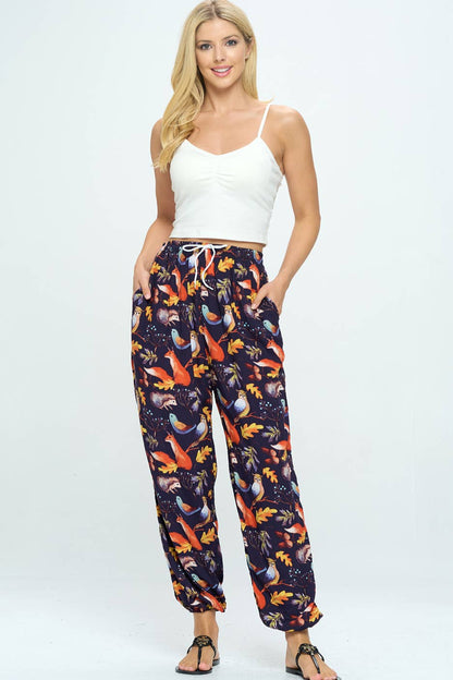 Woodland Animal Print Pant With Drawstring and Pocket