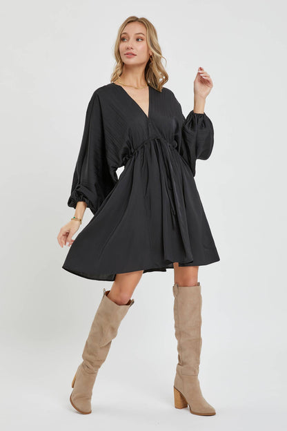 Satin V Neck Pleated Dress