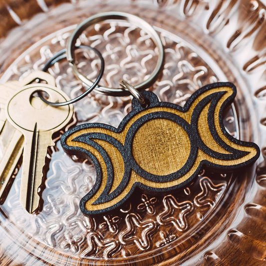 Triple Moon Wooden Keychain