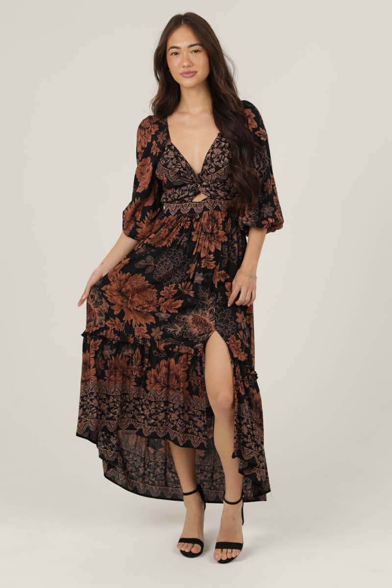 Autumn Flowers Side Slit Maxi Dress