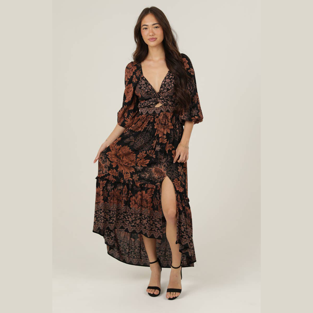 Autumn Flowers Side Slit Maxi Dress