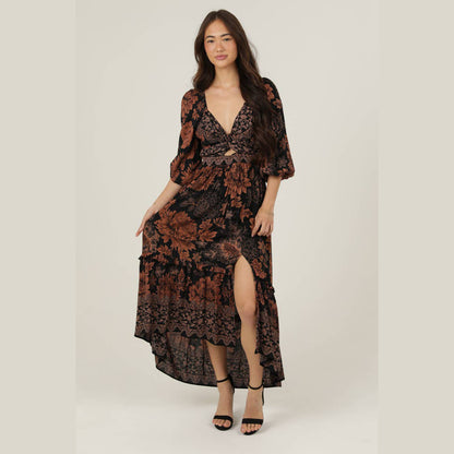 Autumn Flowers Side Slit Maxi Dress