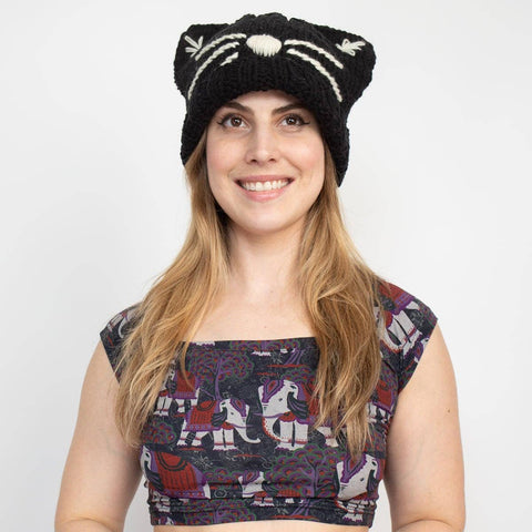 Knit Kitty Cat Pure Acrylic Embroidered Unisex Beanie Hat