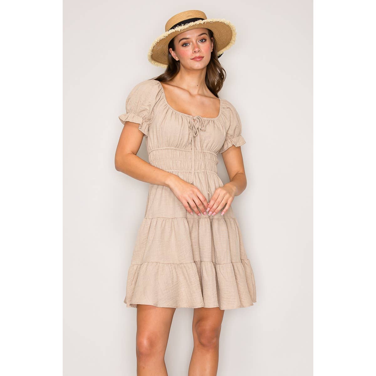 Short Sleeve Peasant 3 Tier Mini Dress