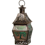 Tree of Life Green Glass & Metal Lantern