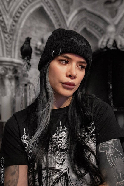 Distressed Black Bat Pierced Beanie
