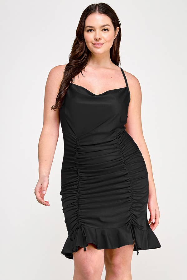 Cowl Neck Ruch Ruffle Dress | Plus