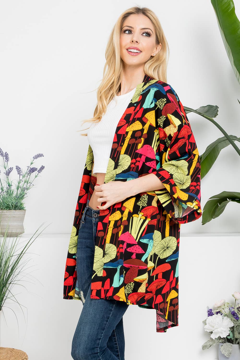 Whimsical Mushroom Print Kimono