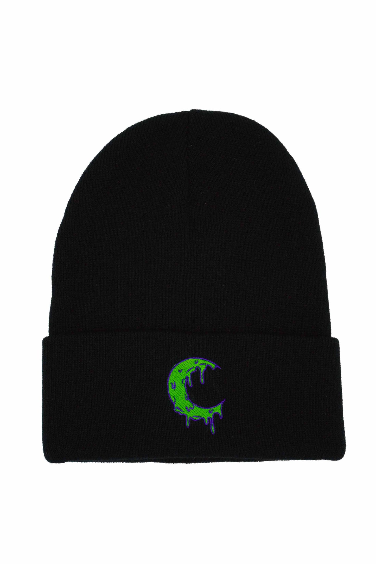 Slime Moon Embroidered Black Beanie Hat