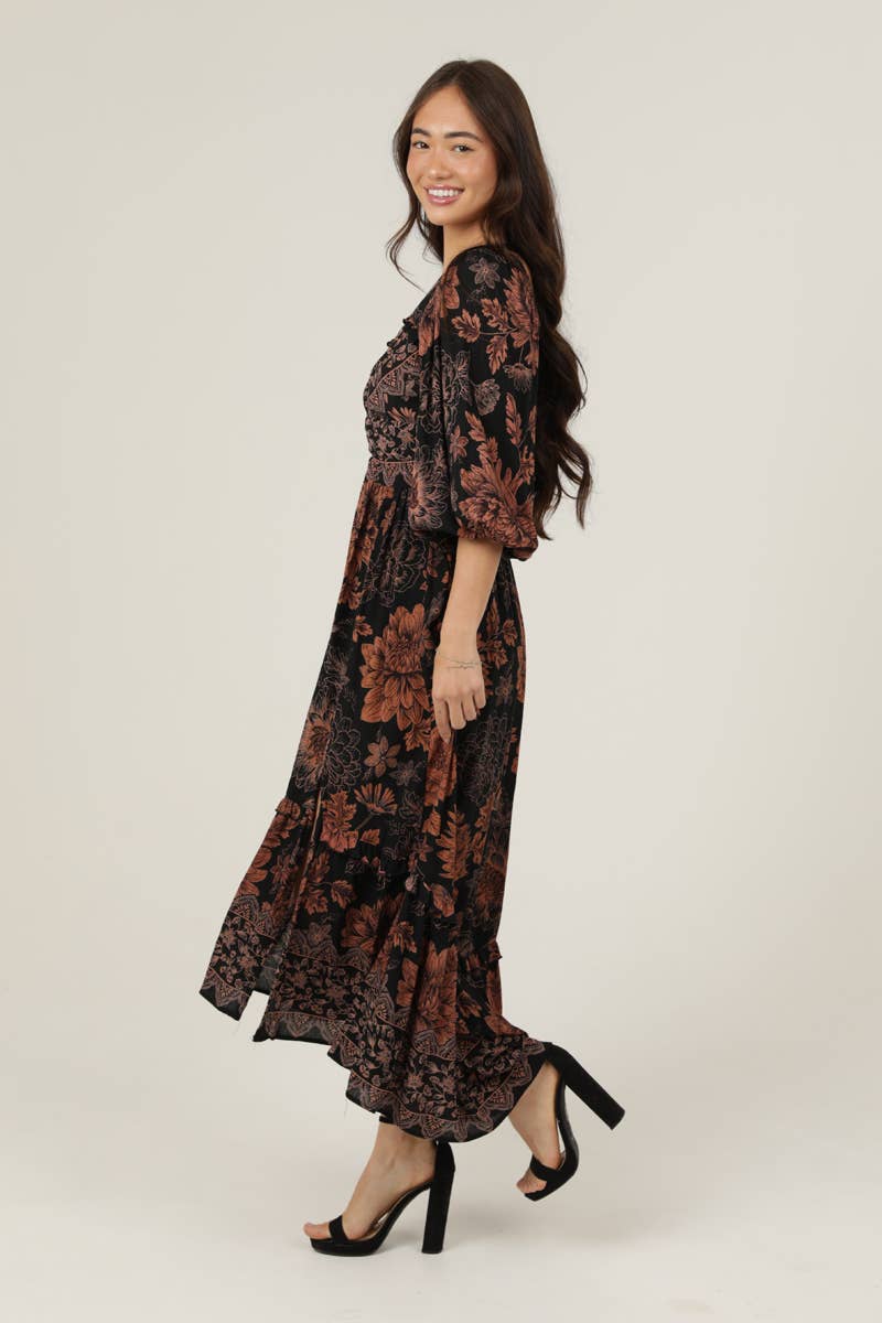 Autumn Flowers Side Slit Maxi Dress