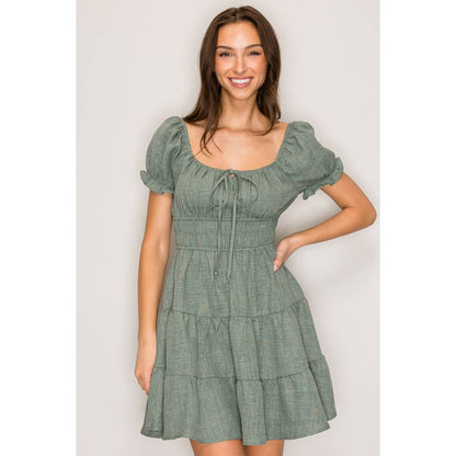 Short Sleeve Peasant 3 Tier Mini Dress