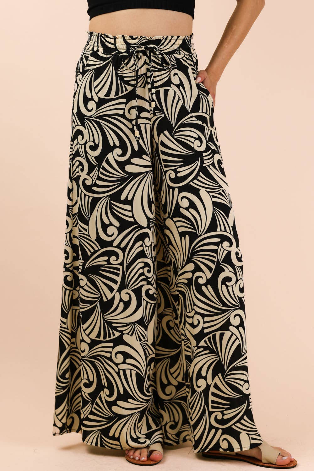 NP70715-Printed Wide Leg Long Pants