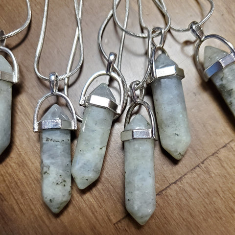 Gray Moonstone Crystal Point Silver Necklace