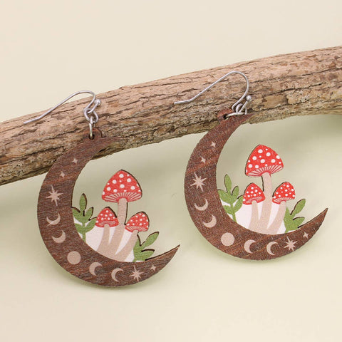 Natural Mystic Wood Mushroom Moon Earrings