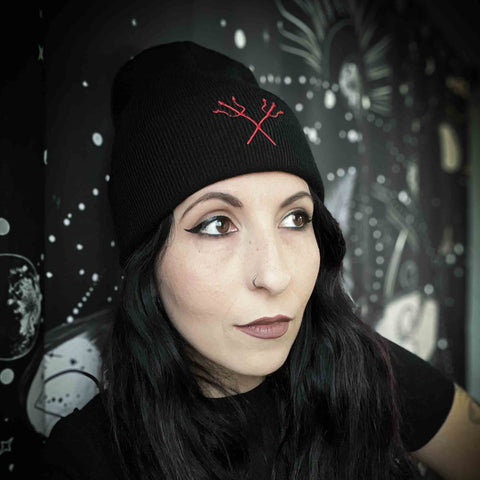 Double Pitchforks Embroidered Black Beanie Hat