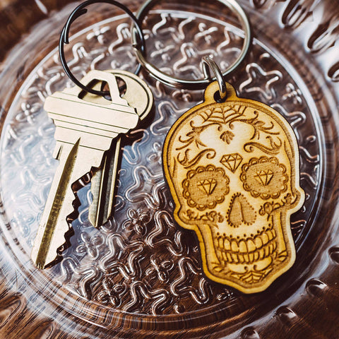 Diamond-Eye Sugar Skull Wooden Keychain