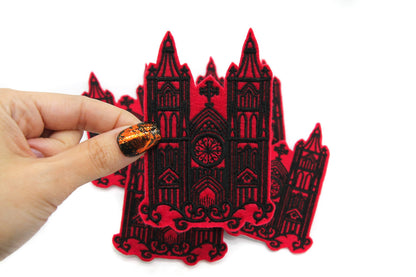 Gothic Cathedral Red and Black Embroidered Iron on Patch