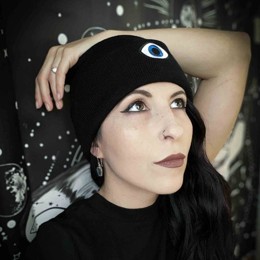 Third Blue Eye Embroidered Black Beanie Hat