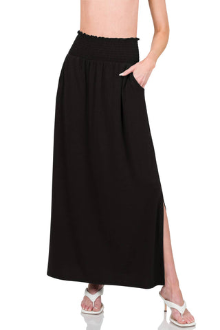 Side Slit Smocked Maxi Skirt with pockets