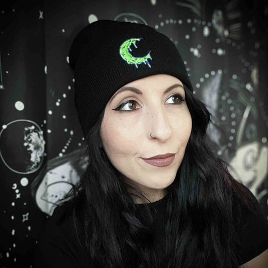 Slime Moon Embroidered Black Beanie Hat