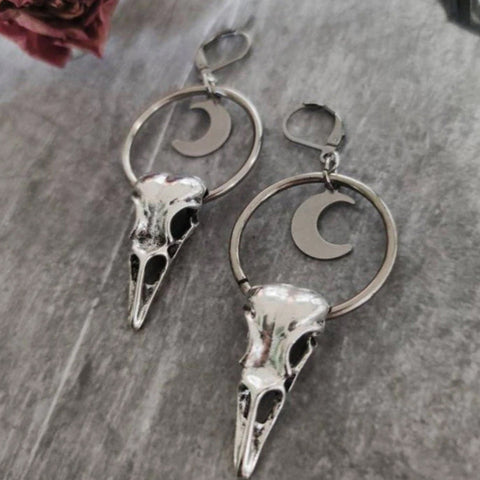 Raven Skull & Moon Hoop Earrings