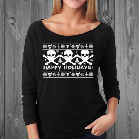 Metal Happy Holidays Womens Off Shoulder Ugly Sweatshirt